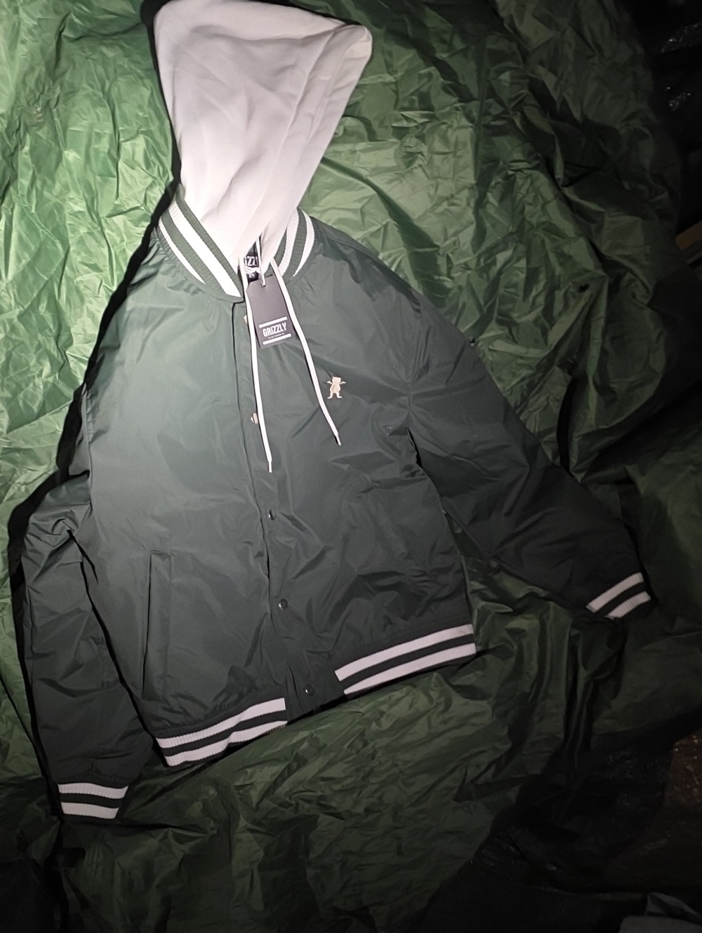 Men's Hooded Grizzly Grip Tape Bomber Jacket - Dark Green with White Trim